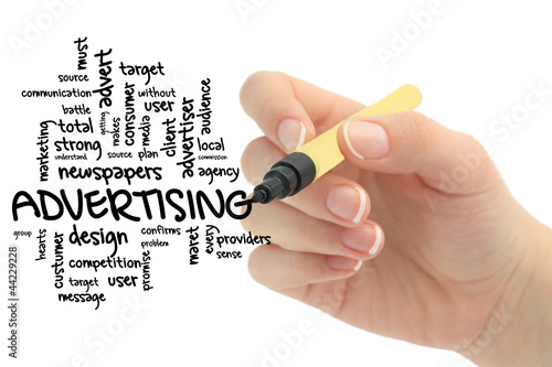 Photo: Advertising word cloud on whiteboard Advertising word cloud on whiteboard