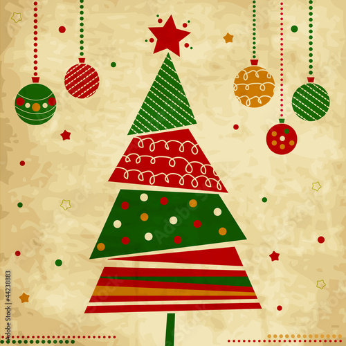 Vector: Vintage Christmas card with tree and ornaments, Xmas card Vintage Christmas card with tree and ornaments, Xmas card