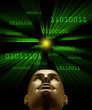 Artifical intelligence as symbolized by green binary code flying