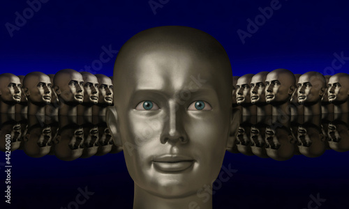 Illustration: Silver mannaquin head flanked by two groups of heads Silver mannaquin head flanked by two groups of heads