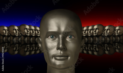 Illustration: Silver mannaquin head flanked by two groups of heads Silver mannaquin head flanked by two groups of heads