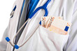 A portrait of a doctor with patient's money in his pocket