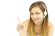 Attractive blond girl with headset shows your text