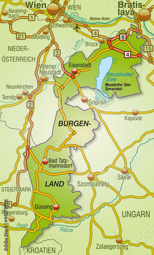 Vector: Autobahnkarte des Kantons Burgenland mit Umgebung Autobahnkarte des Kantons Burgenland mit Umgebung