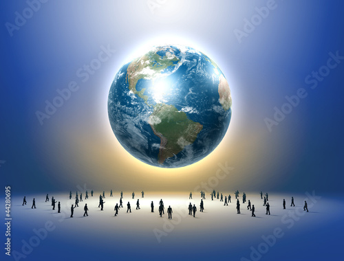 Illustration: Planet earth and tiny human figures Planet earth and tiny human figures