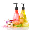 Bottles , soaps and sea salt isolated on white