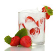 tasty yogurt in glass and strawberries isolated on white