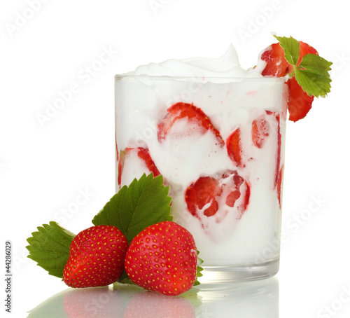 Photo: tasty yogurt in glass and strawberries isolated on white tasty yogurt in glass and strawberries isolated on white