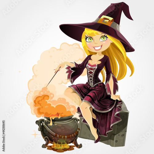 Vector: Beautiful witch in the boiler with a potion Beautiful witch in the boiler with a potion