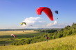 Multiple paragliders soar in the air amid wondrous landscape