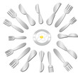 Illustration: cutlery contemporary pattern and egg in the middle cutlery contemporary pattern and egg in the middle