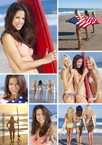 Photo: Montage Three Young Women on a Beach with Surfboards Montage Three Young Women on a Beach with Surfboards