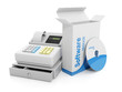 Illustration: 3d illustration: Purchase sale. Cash register and licensed softw 3d illustration: Purchase sale. Cash register and licensed softw
