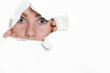 Photo: portrait of young woman looking through hole in paper portrait of young woman looking through hole in paper