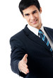 Business man giving hand for handshake, isolated