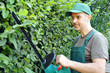 Gärtner schneidet Hecke