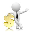 3d human with golden dollar isolated on mirror floor