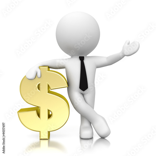 Illustration: 3d human with golden dollar isolated on mirror floor 3d human with golden dollar isolated on mirror floor