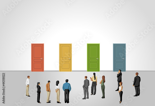 Vector: Group of business people choosing the right door Group of business people choosing the right door
