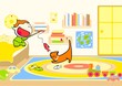 Vector: Cute little boy playing with his cat Cute little boy playing with his cat