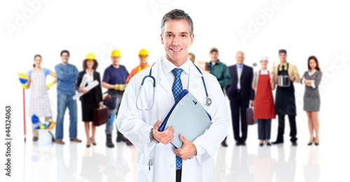 Photo: Doctor and a group of workers people. Doctor and a group of workers people.
