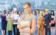 Business woman and Group of industrial workers.