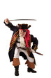 Classic bearded pirate captain lunging with raised sword.