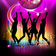 Musical notes with disco globe and silhouettes