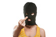 Woman in balaclava showing middle finger hand gesture