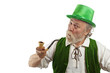 Funny leprechaun with pursed lips holding a pipe