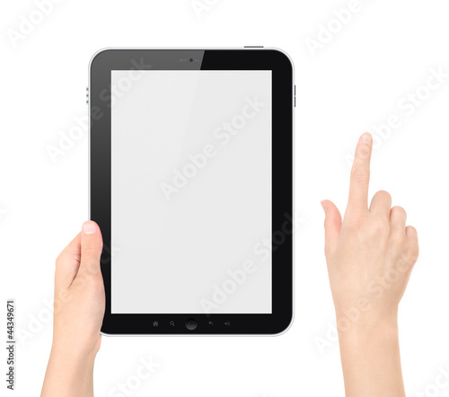 Photo: Holding Tablet PC With Touching Hand Isolated Holding Tablet PC With Touching Hand Isolated