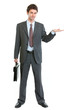 Photo: Businessman with briefcase presenting something on empty hand Businessman with briefcase presenting something on empty hand
