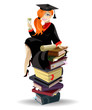 Vector: Red haired graduated girl with diploma sitting on books pile. Red haired graduated girl with diploma sitting on books pile.
