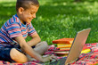 smiling young boy working on laptop in the park