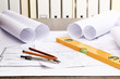 Photo: Tools and papers with sketches Tools and papers with sketches