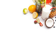 Exotic alcohol drinks set with fruits