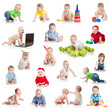 Photo: set of crawling babies or toddlers with toys isolated on white set of crawling babies or toddlers with toys isolated on white