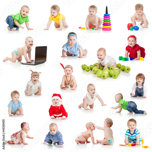 Photo: set of crawling babies or toddlers with toys isolated on white set of crawling babies or toddlers with toys isolated on white