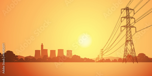 Vector: Electrical Power Lines and Electricity Plant with Cooling Towers Electrical Power Lines and Electricity Plant with Cooling Towers