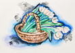 Illustration: Tender tulip flowers in wicker basket still life, watercolor Tender tulip flowers in wicker basket still life, watercolor
