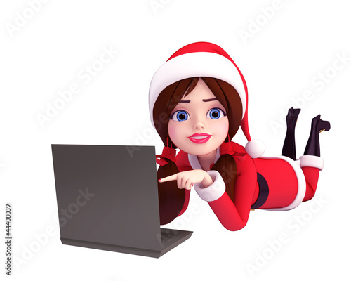 Illustration: 3d art illustration of santa girl with laptop 3d art illustration of santa girl with laptop