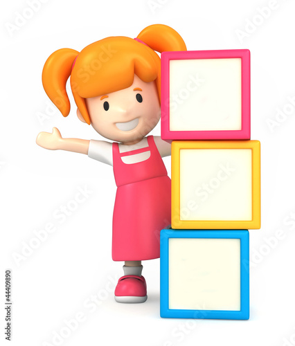 Illustration: 3d render of a girl and blank building blocks 3d render of a girl and blank building blocks
