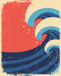 Sea waves poster.Grunge illustration of sea landscape.