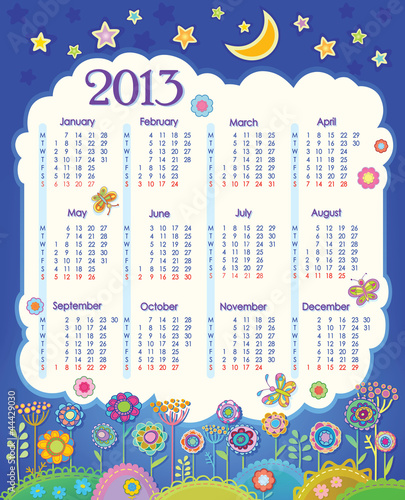 Vector: Calendar for 2013. Week starts on Monday Calendar for 2013. Week starts on Monday