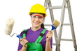 Woman worker with ladder on white