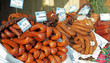 sausages for sale on christmas  market in Krakow on Main Square