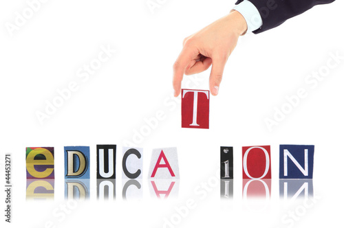 Photo: Hand and word Solution isolated on white background Hand and word Solution isolated on white background