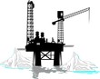 oil rig  in ocean with ice bergs around it