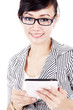 Friendly woman with tablet