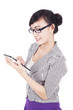 Happy woman using tablet